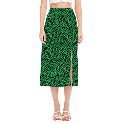 Green Leopard Print Side Slit Midi Skirt