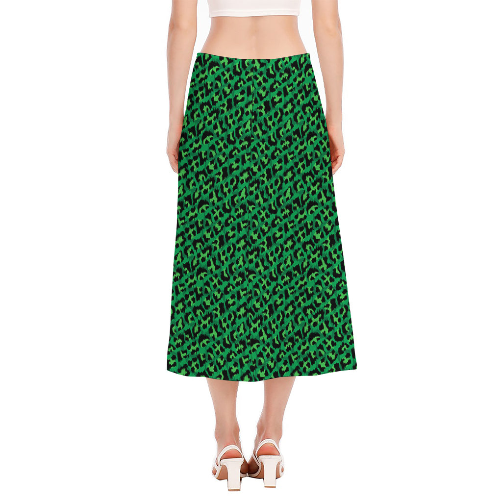 Green Leopard Print Side Slit Midi Skirt