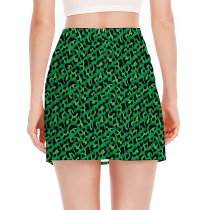 Green Leopard Print Side Slit Mini Skirt