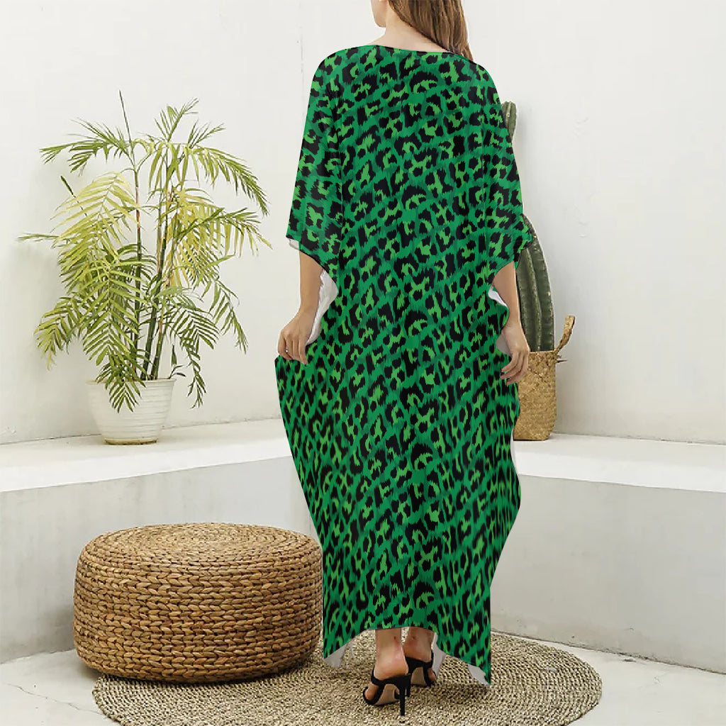 Green Leopard Print Silk V-Neck Kaftan Dress
