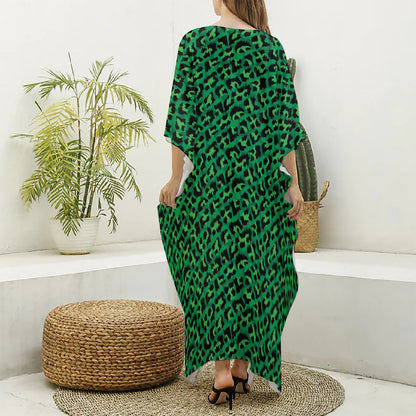 Green Leopard Print Silk V-Neck Kaftan Dress