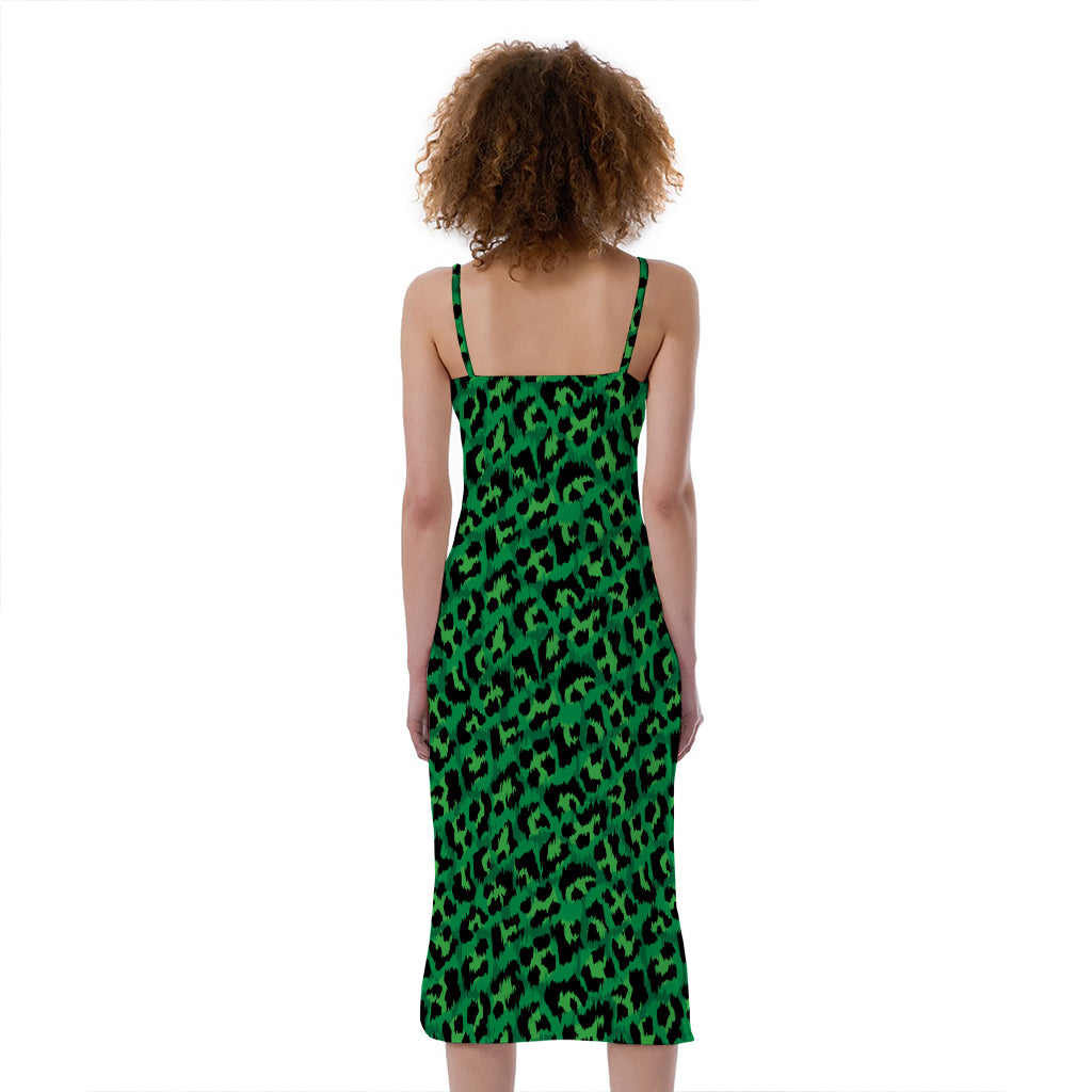 Green Leopard Print Slim Fit Midi Cami Dress