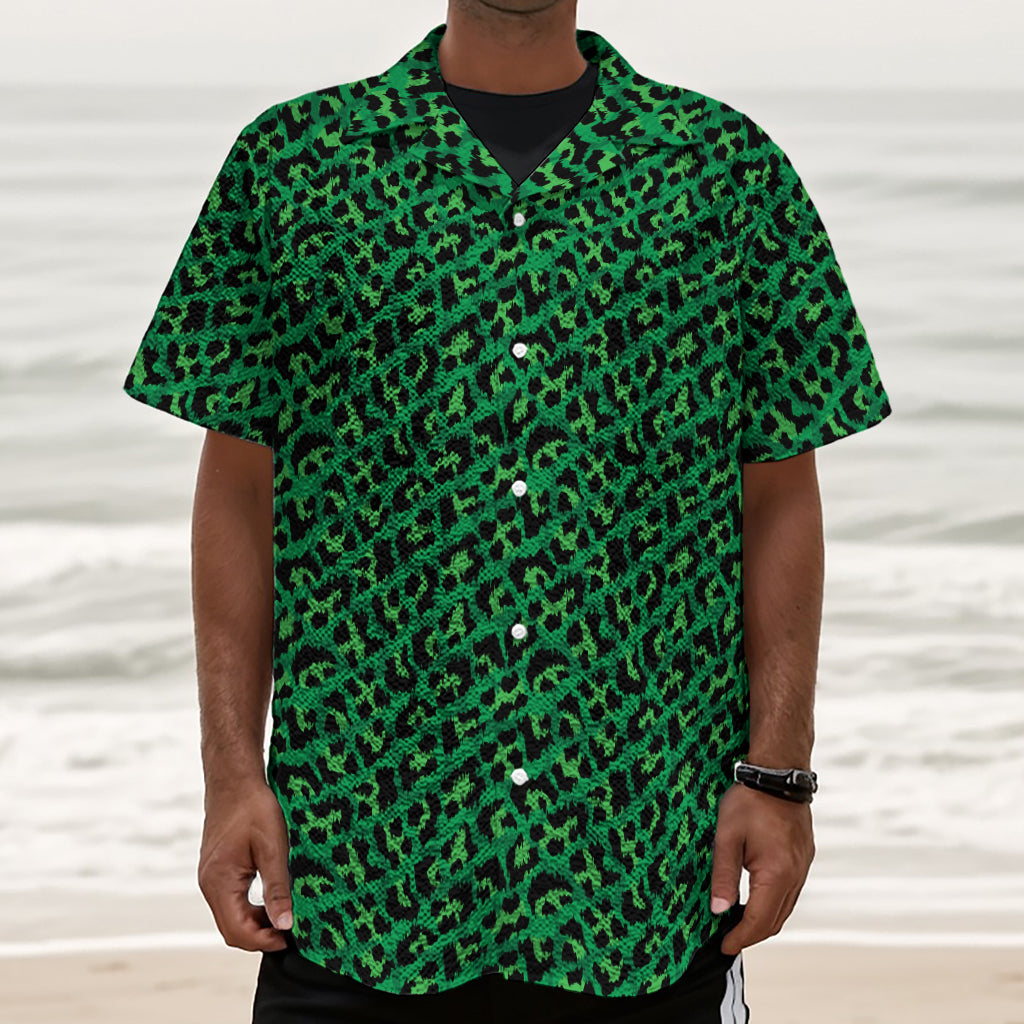 Green Leopard Print Textured Short Sleeve Shirt
