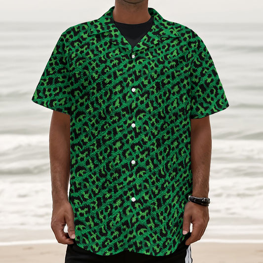 Green Leopard Print Textured Short Sleeve Shirt