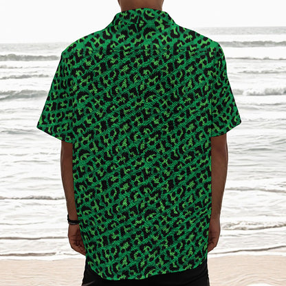 Green Leopard Print Textured Short Sleeve Shirt