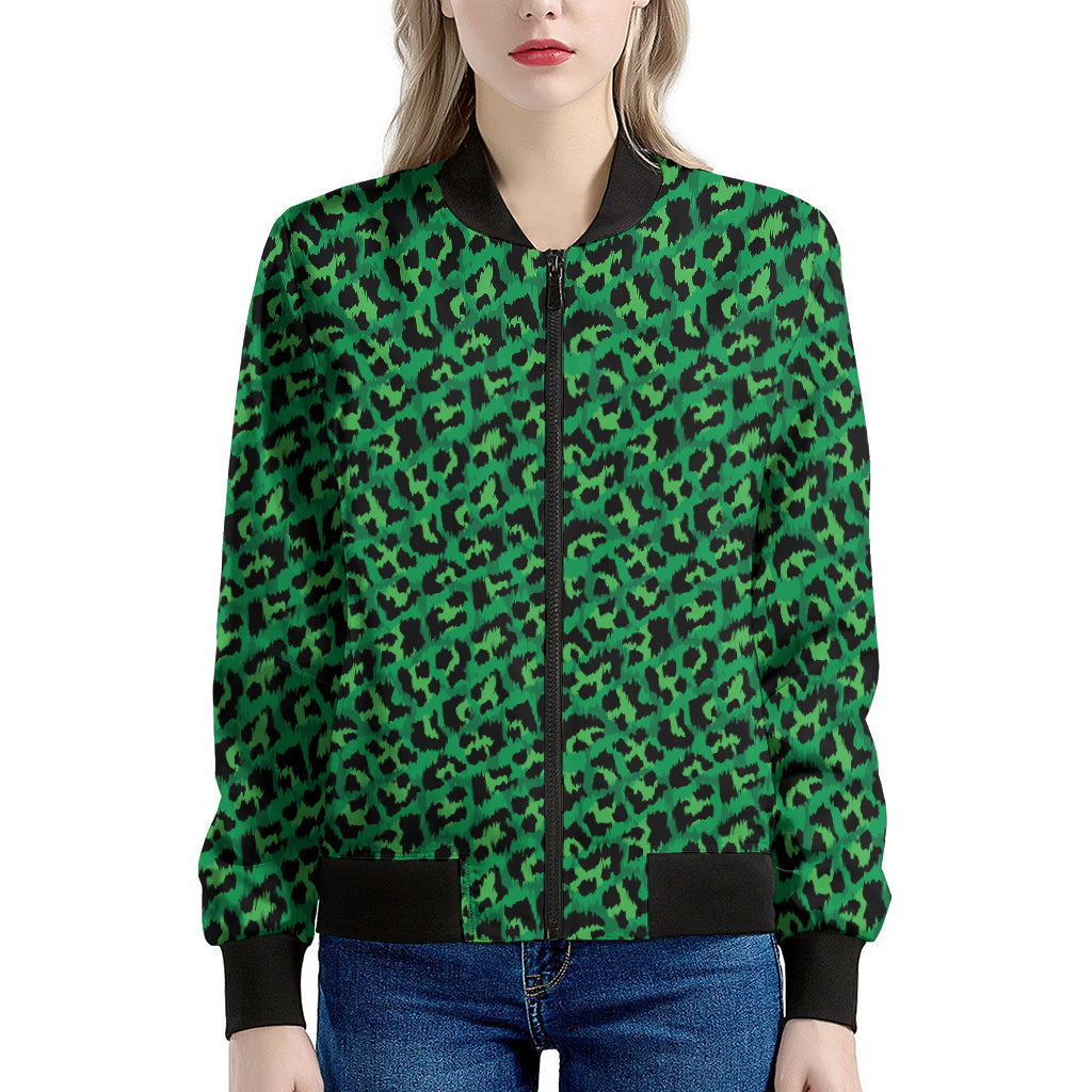 Green Leopard Print Women's Bomber Jacket