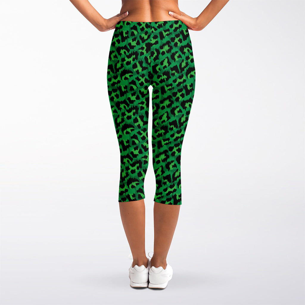 Green Leopard Print Women's Capri Leggings