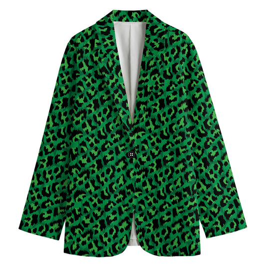 Green Leopard Print Women's Cotton Blazer