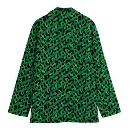 Green Leopard Print Women's Cotton Blazer