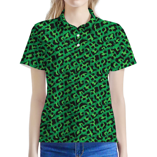 Green Leopard Print Women's Polo Shirt