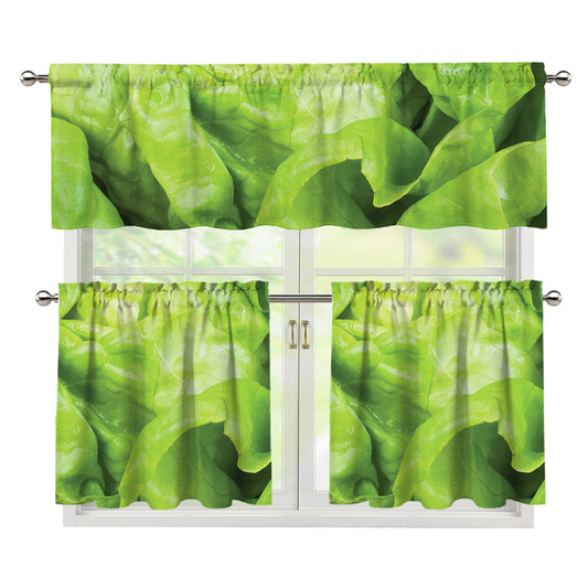 Green Lettuce Leaves Print 3 Piece Kitchen Curtains