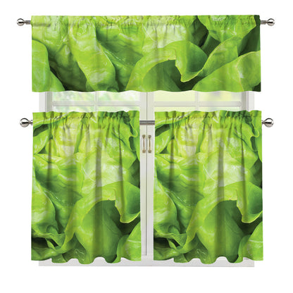 Green Lettuce Leaves Print 3 Piece Kitchen Curtains
