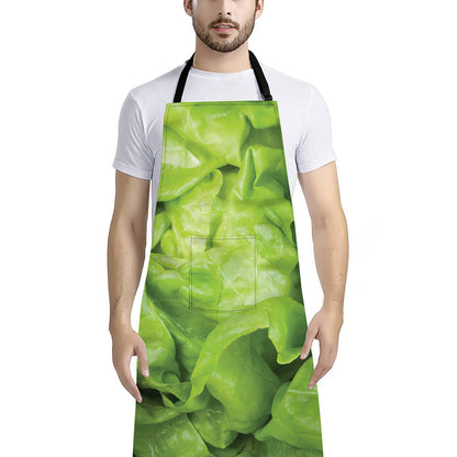 Green Lettuce Leaves Print Bib Apron With Pocket
