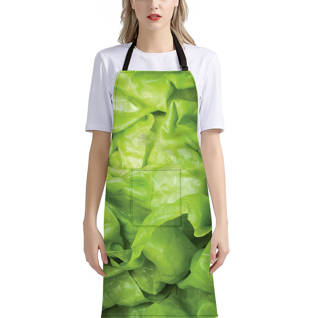 Green Lettuce Leaves Print Bib Apron With Pocket