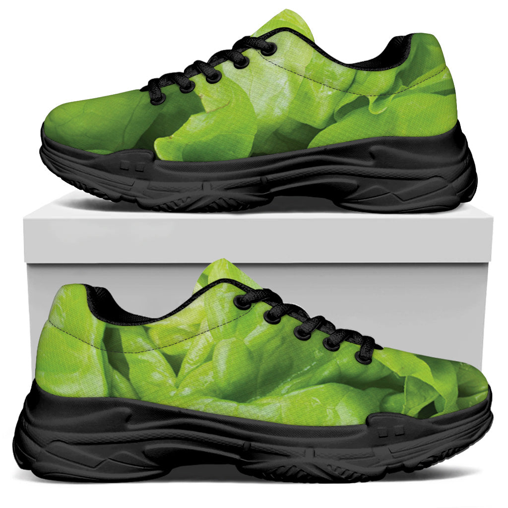 Green Lettuce Leaves Print Black Chunky Shoes