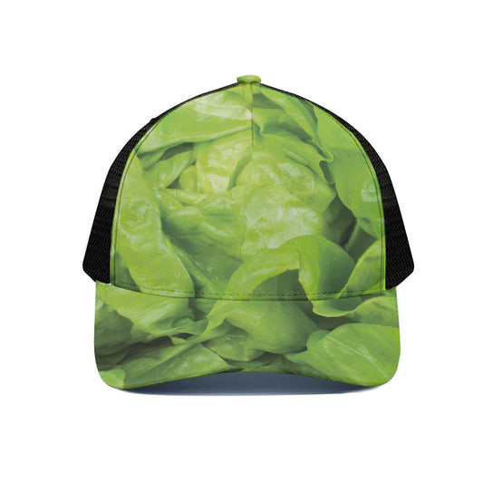 Green Lettuce Leaves Print Black Mesh Trucker Cap