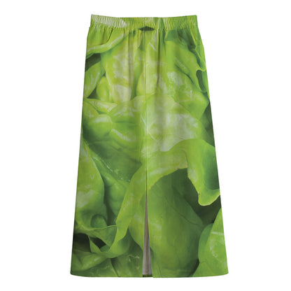 Green Lettuce Leaves Print Cotton Front Slit Maxi Skirt