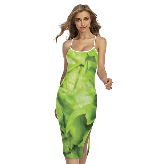 Green Lettuce Leaves Print Cross Back Cami Dress