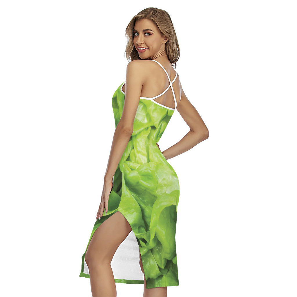 Green Lettuce Leaves Print Cross Back Cami Dress
