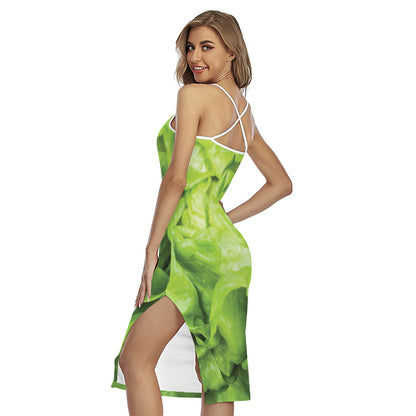 Green Lettuce Leaves Print Cross Back Cami Dress