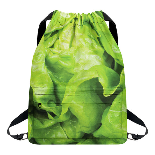 Green Lettuce Leaves Print Drawstring Backpack