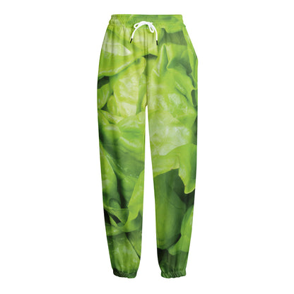 Green Lettuce Leaves Print Fleece Lined Knit Pants