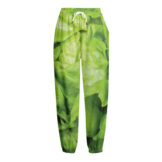 Green Lettuce Leaves Print Fleece Lined Knit Pants
