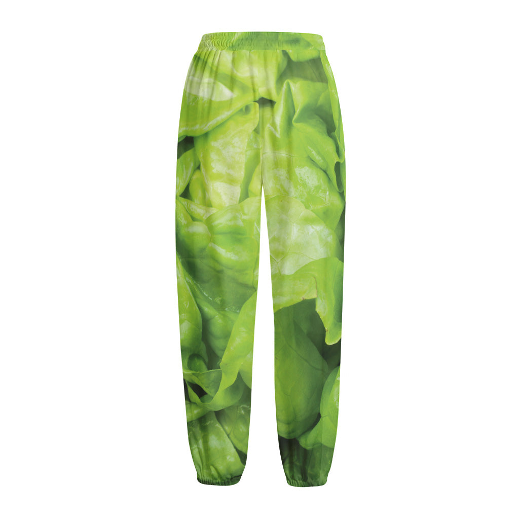 Green Lettuce Leaves Print Fleece Lined Knit Pants