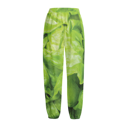 Green Lettuce Leaves Print Fleece Lined Knit Pants