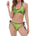 Green Lettuce Leaves Print Halter Scoop Tie Side Bikini