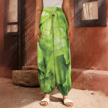 Green Lettuce Leaves Print Harem Pants