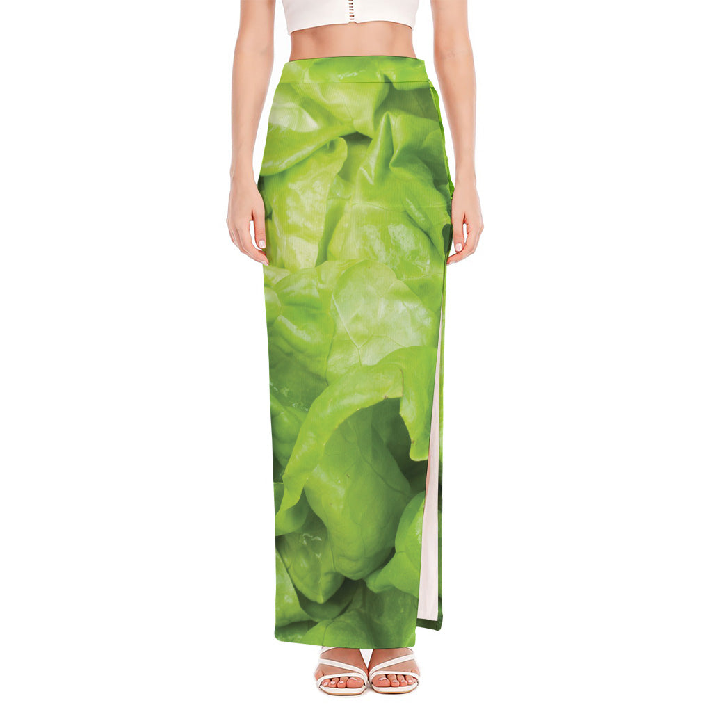 Green Lettuce Leaves Print High Slit Maxi Skirt