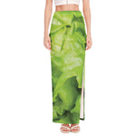 Green Lettuce Leaves Print High Slit Maxi Skirt