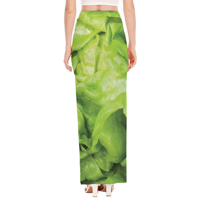 Green Lettuce Leaves Print High Slit Maxi Skirt