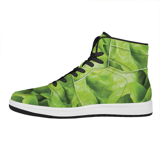 Green Lettuce Leaves Print High Top Leather Sneakers