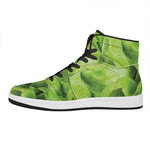 Green Lettuce Leaves Print High Top Leather Sneakers