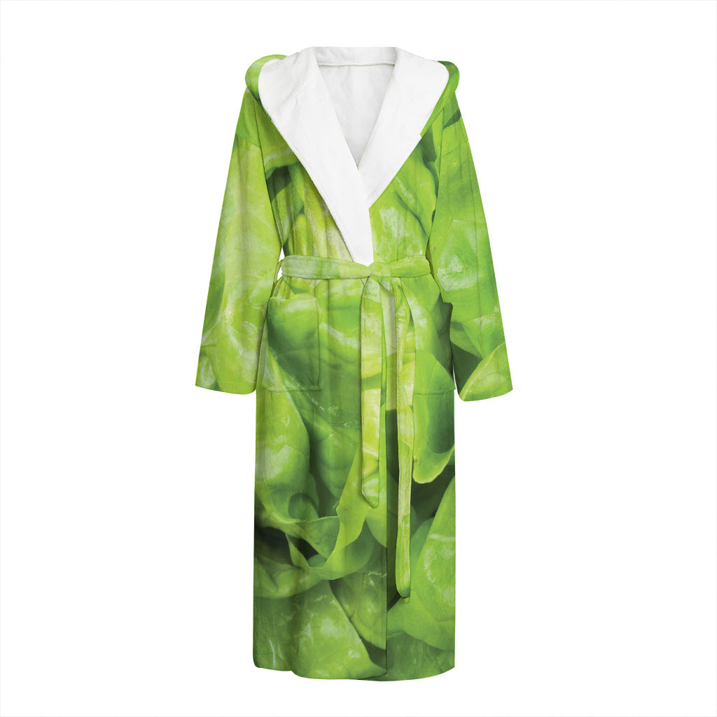 Green Lettuce Leaves Print Hooded Bathrobe