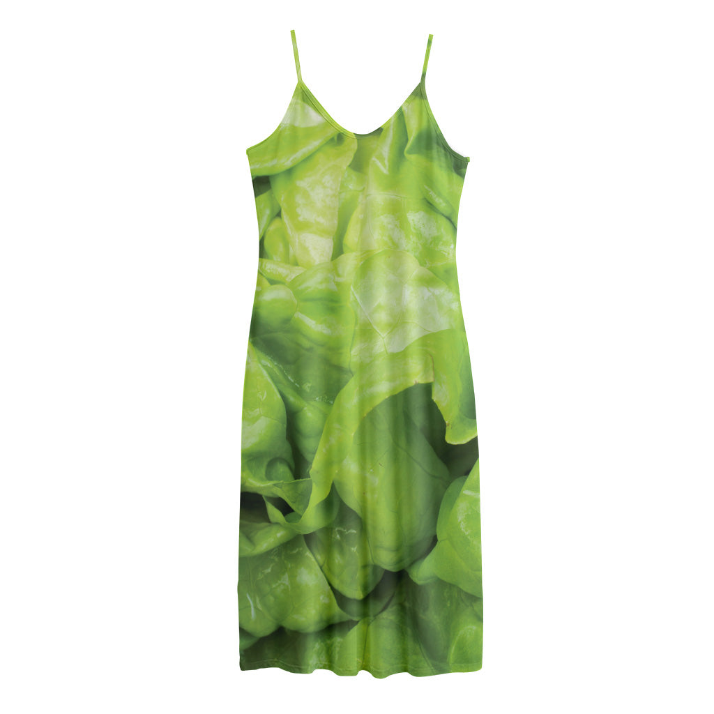 Green Lettuce Leaves Print Jersey Midi Cami Dress