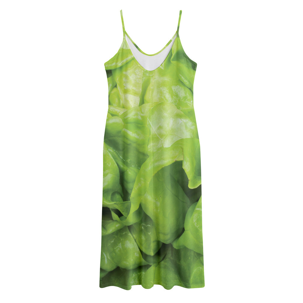 Green Lettuce Leaves Print Jersey Midi Cami Dress