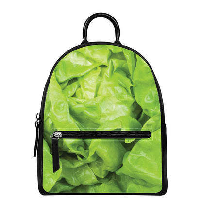Green Lettuce Leaves Print Leather Backpack