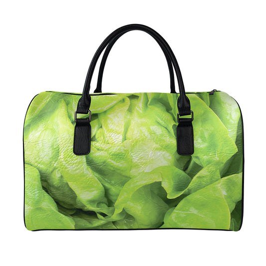 Green Lettuce Leaves Print Leather Duffle Bag