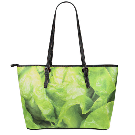 Green Lettuce Leaves Print Leather Tote Bag