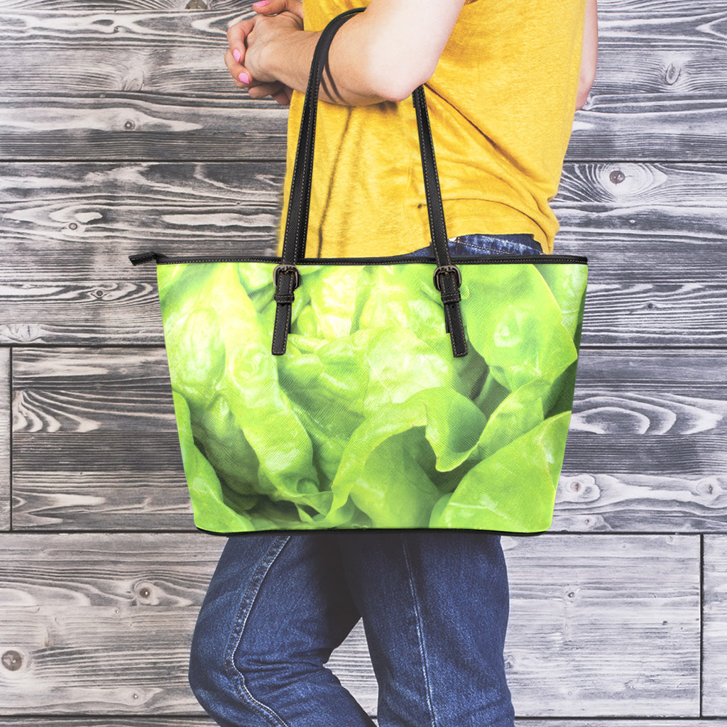 Green Lettuce Leaves Print Leather Tote Bag
