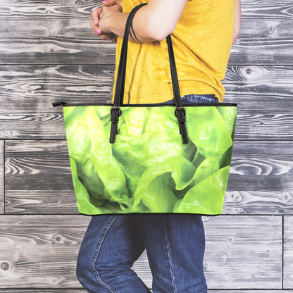 Green Lettuce Leaves Print Leather Tote Bag