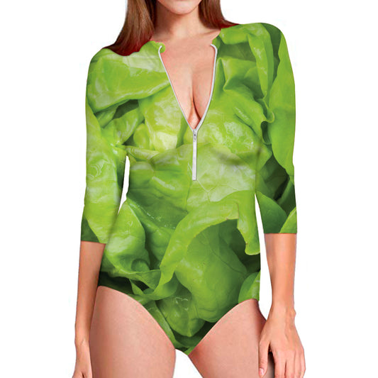 Green Lettuce Leaves Print Long Sleeve Swimsuit
