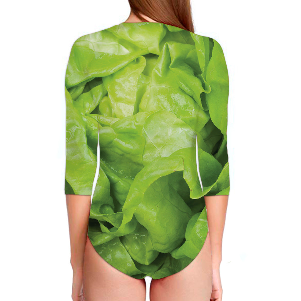 Green Lettuce Leaves Print Long Sleeve Swimsuit