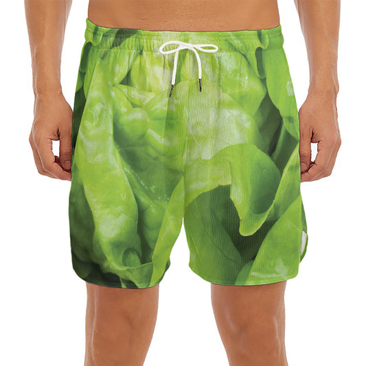 Green Lettuce Leaves Print Men's Split Running Shorts