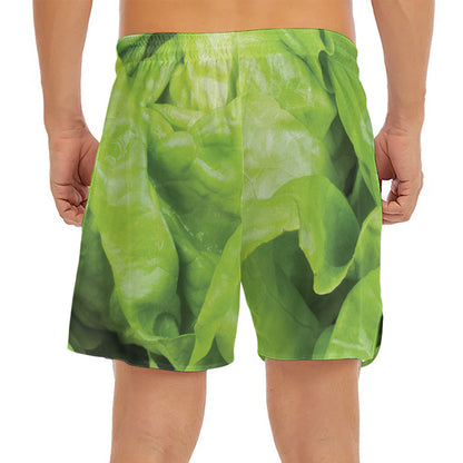 Green Lettuce Leaves Print Men's Split Running Shorts