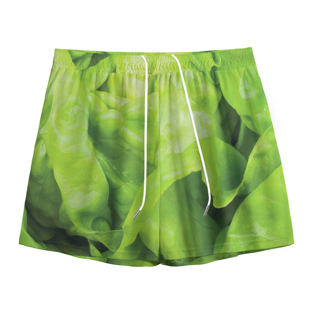 Green Lettuce Leaves Print Mesh Shorts