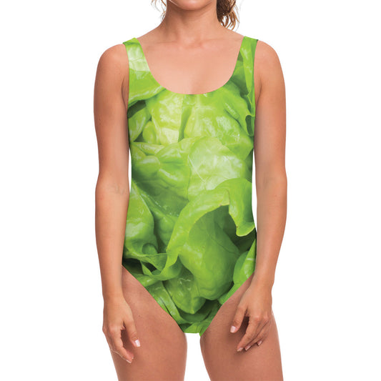 Green Lettuce Leaves Print One Piece Swimsuit